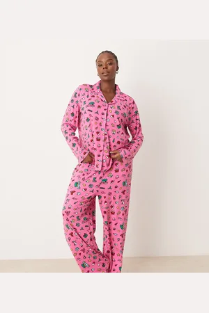 Urban Threads Curve Christmas poly long sleeve revere top and trouser pyjama set in festive print