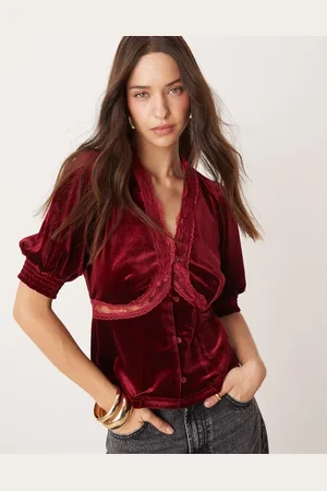 Never Fully Dressed Lace velvet puff sleeve top in burgundy