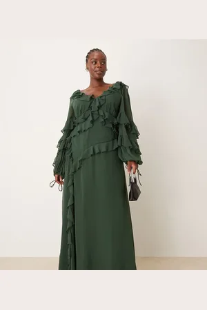 ASOS ASOS DESIGN Curve long sleeve ruffle asymmetric maxi dress in forest