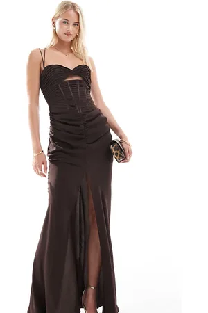 ASOS ASOS DESIGN Tall ruched corset maxi dress with ruffle skirt and strap details in chocolate