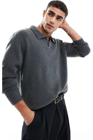JACK & JONES Oversized fluffy knitted polo in dark
