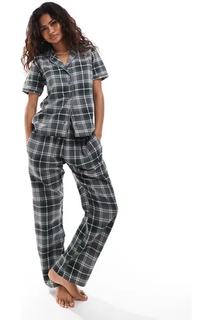 Brave Soul Short sleeve shirt and wide leg trouser pyjama set in grey check