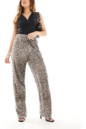 Pieces® Wide leg velour sequin trouser in taupe