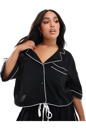 ASOS ASOS DESIGN Curve super soft slinky crop pyjama shirt in with contrast binding