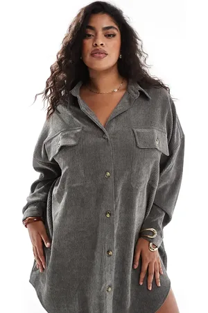 ASOS ASOS DESIGN curve cord oversized shirt dress with drop pocket in charcoal