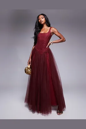 Lace & Beads Drop waist corset detail maxi dress in burgundy