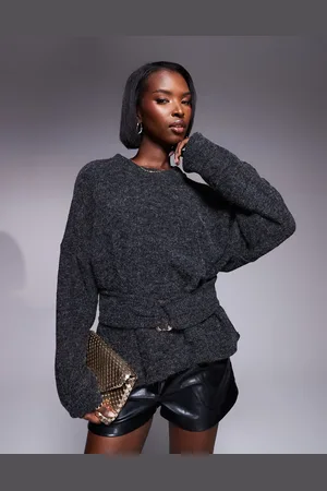 ASOS Rib boucle long sleeve top with gold trim detail in charcoal