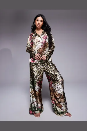 River Island Cheetah print satin pyjama set in beige