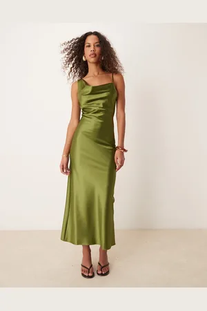 Miss Selfridge Cowl neck satin midi slip dress in olive
