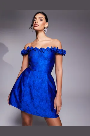 Lace & Beads Structured jacquard mini dress in cobalt