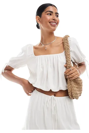 ASOS Gathered neckline puff sleeve blouse in ivory