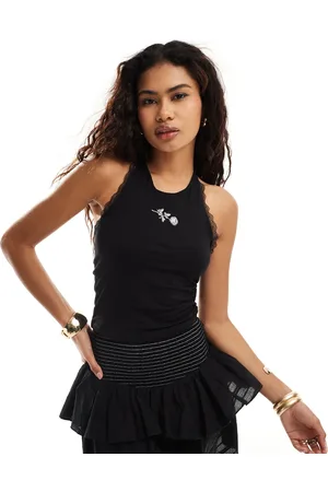 Monki Halterneck tank with lace trim in