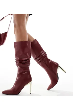 Glamorous Ruched knee boots with gold heel in burgundy