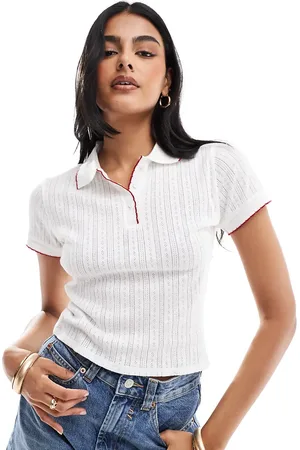 Miss Selfridge Pointelle tipped polo top in ivory