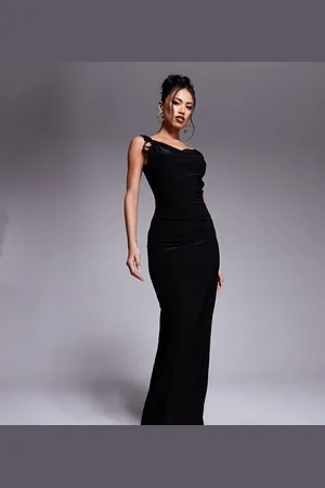 Fashionkilla Exclusive slinky double sculpted cowl neck metal ring detail low back maxi dress in