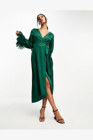 TFNC Satin midi wrap dress with faux feather cuffs in emerald