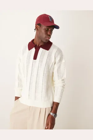 ASOS Oversized boxy fit ribbed knitted polo jumper in ecru with burgundy collar