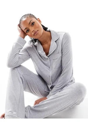 ASOS ASOS DESIGN Tall super soft long sleeve shirt & trouser pyjama set with contrast piping in