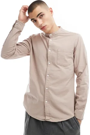 ASOS Slim oxford shirt with grandad collar in stone