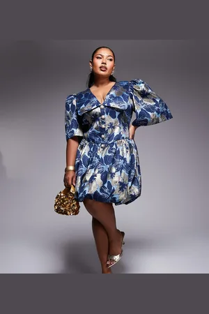 ASOS Curve jacquard puff sleeve collared mini dress with embellished buttons in and gold floral