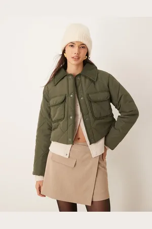 JDY Cropped quilted coat with cord detailing in khaki