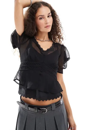 Reclaimed Tea blouse top in black with lace detail