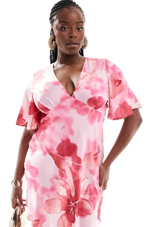 ASOS ASOS DESIGN Curve satin flutter sleeve mini dress in pink floral print