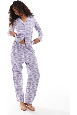 Brave Soul Check longsleeve shirt and wide leg trouser pyjama set in lilac