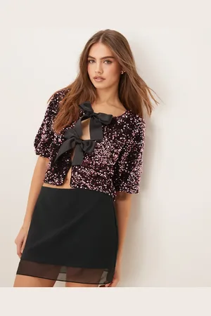Gina Tricot Sequin short sleeve top with satin bow front in