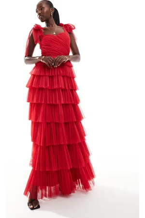 Lace & Beads Bow shoulder tiered tulle maxi dress in