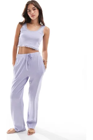 Brave Soul Ribbed cropped vest with lace trim and wide leg trouser set in lilac