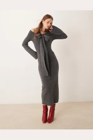 Pretty Lavish Bardot bow midaxi knit dress in charcoal
