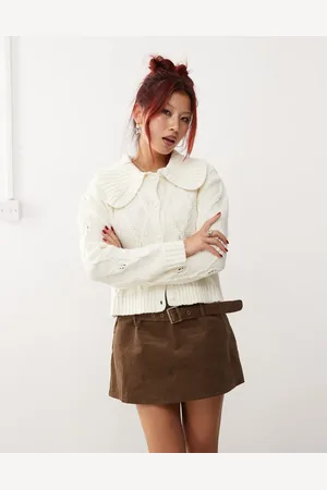 Monki Knitted pattern cardigan with collar and puff sleeves in off