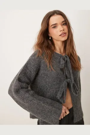 Gina Tricot Supersoft front bow tie detail knitted rib cardigan in dark melange
