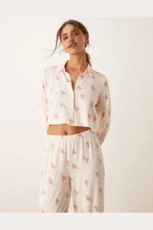 Urban Threads Ditsy print crop long sleeve button down and boxer trouser pyjama set in off