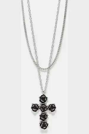 Reclaimed Unisex 2 row necklace with rose cross in