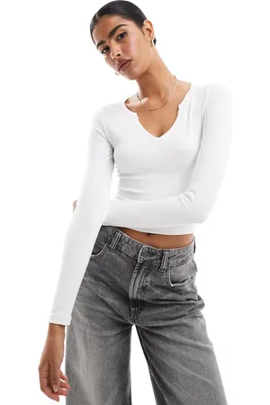 Hollister Ribbed plunge neck crop top in