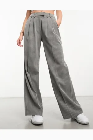 Miss Selfridge Slouchy wide leg pinstripe trousers with extended tab detail in light