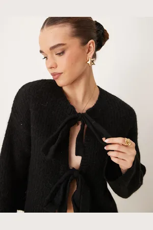 Gina Tricot Supersoft front bow tie detail knitted rib cardigan in