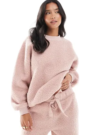 ASOS ASOS DESIGN Petite lounge borg sweat & wide leg trouser set in pink