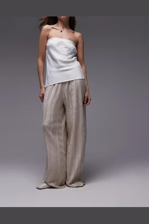 Topshop Crinkle plisse wide leg trouser in stone
