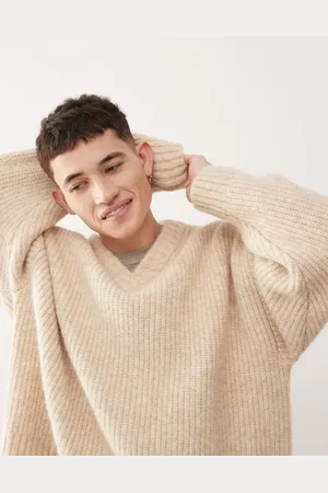 Weekday Riley wool blend chunky knit v neck jumper in beige melange