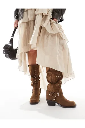 Stradivarius Real suede slouchy western boot with studs in