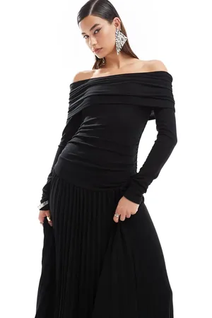 Lioness Knit ruched bardot long sleeve drop waist pleated maxi dress in