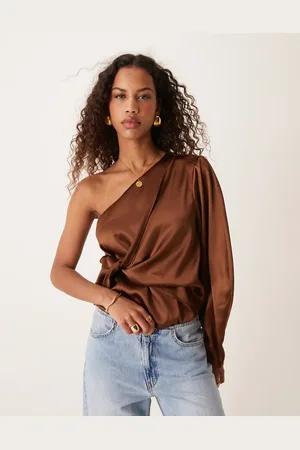 ASOS One shoulder satin wrap bodysuit in chocolate brown