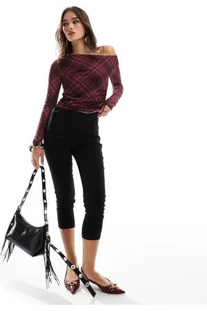 Stradivarius Asymmetric long sleeve top in burgundy check