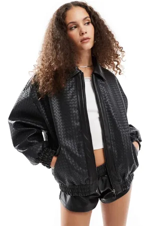 Lioness Weave detail leather look bomber jacket in