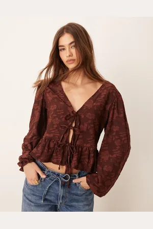 Miss Selfridge Lace puff sleeve tie front top