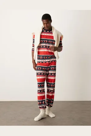 Urban Threads Poly Christmas long sleeve t-shirt and pyjama bottom set in fairisle print