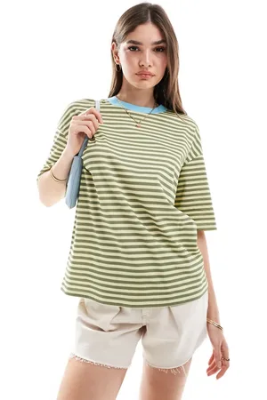 ASOS Stripe oversized t shirt with contrast ringer in khaki